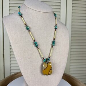 Artisan Yellow Landscape Jasper Pendant Necklace Silver Turquoise Heishi Beads